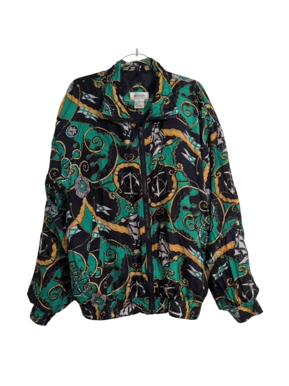 Bogari Silk Nautical Bomber Jacket Womens Size Large Yacht Rock Maximalism Artsy